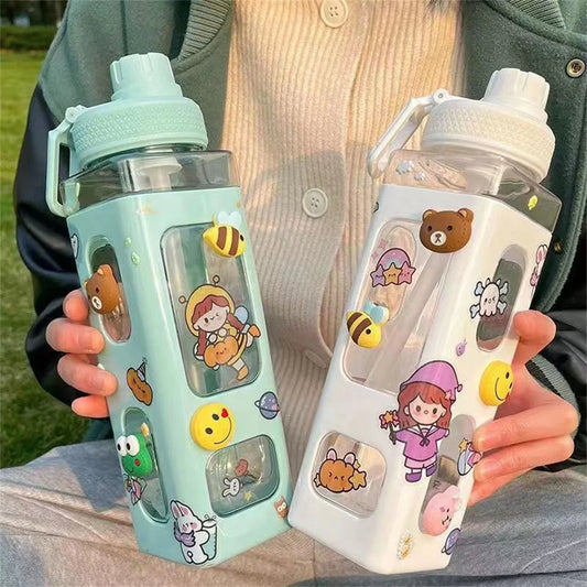 Bouteille d'eau Kawaii avec paille, autocollant 3D en forme d'ours mignon