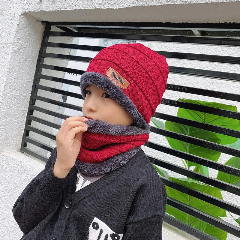 Kids Winter Knitted Hat Warm Velvet Scarf