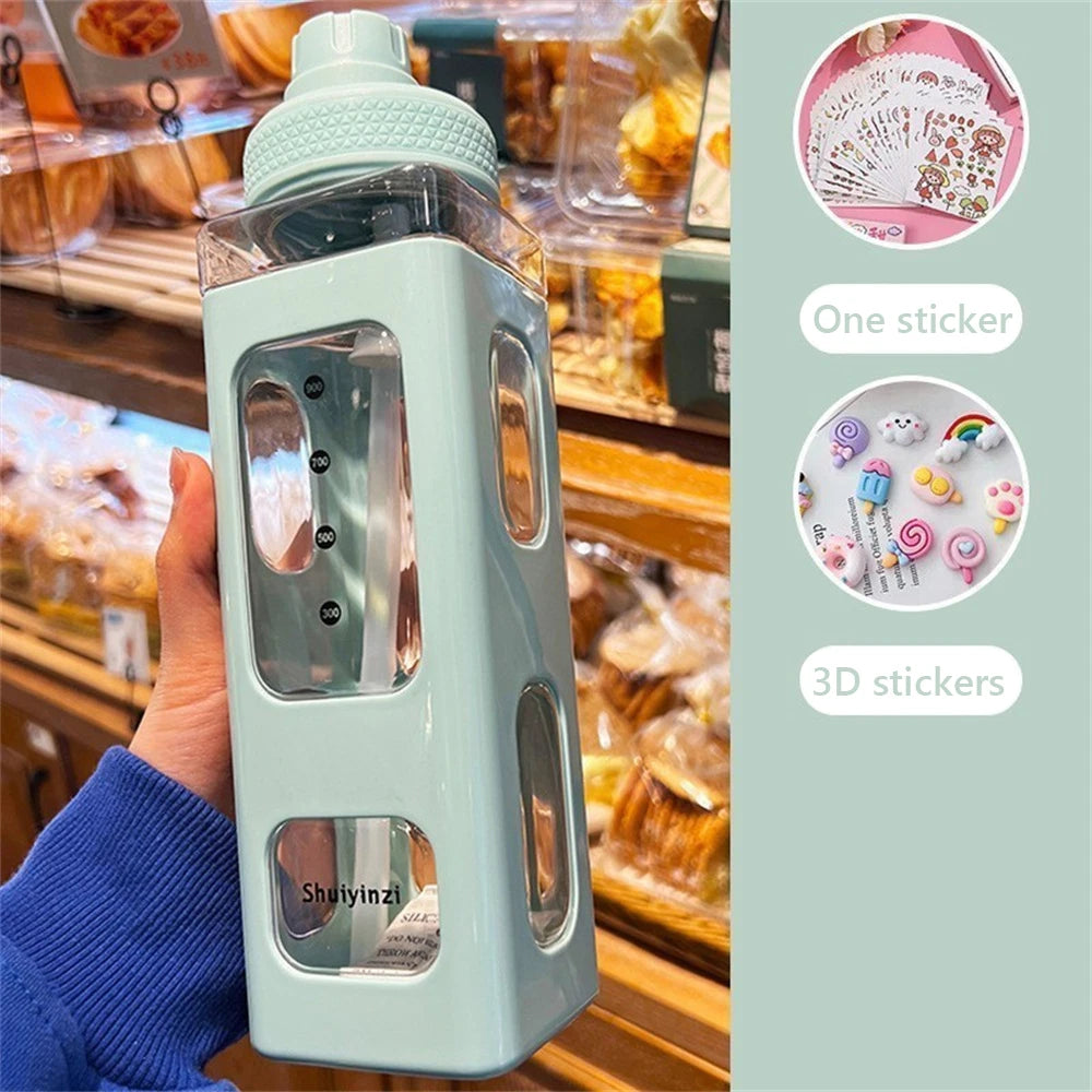 Kawaii Water Bottle with Straw, Cute Bear Shape 3D Sticker