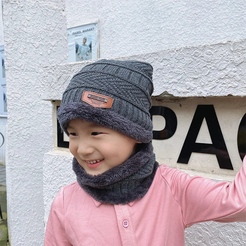 bonnet tricoté d'hiver pour enfants, écharpe chaude en velours