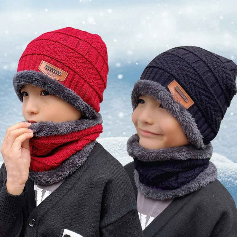 Kids Winter Knitted Hat Warm Velvet Scarf