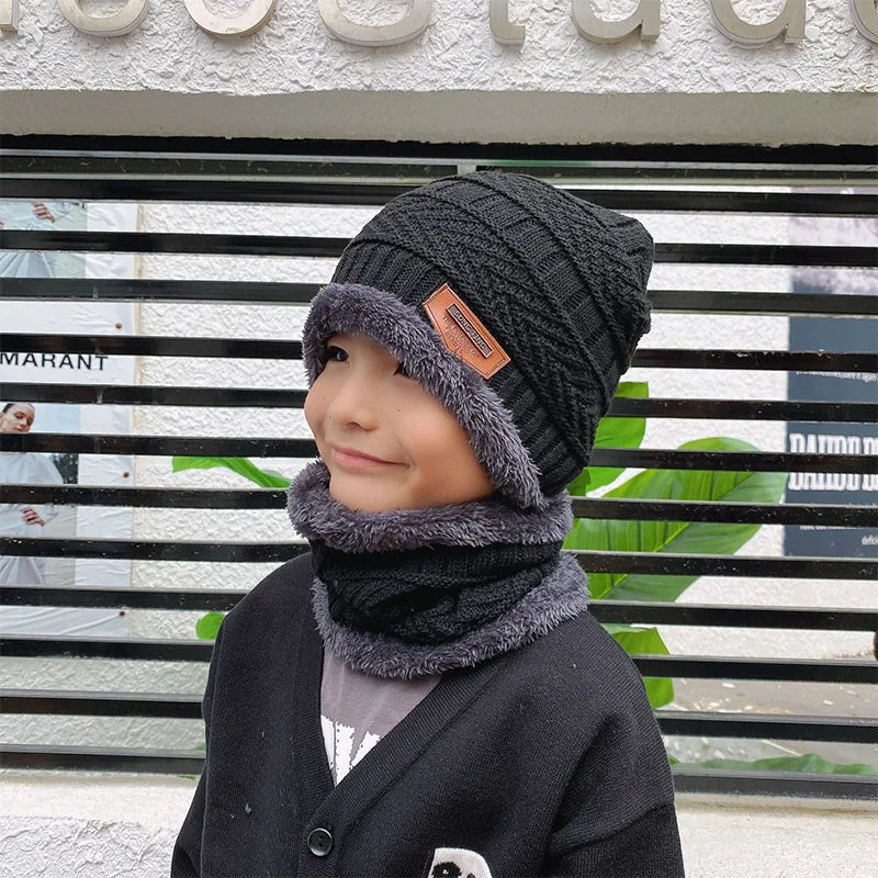 bonnet tricoté d'hiver pour enfants, écharpe chaude en velours