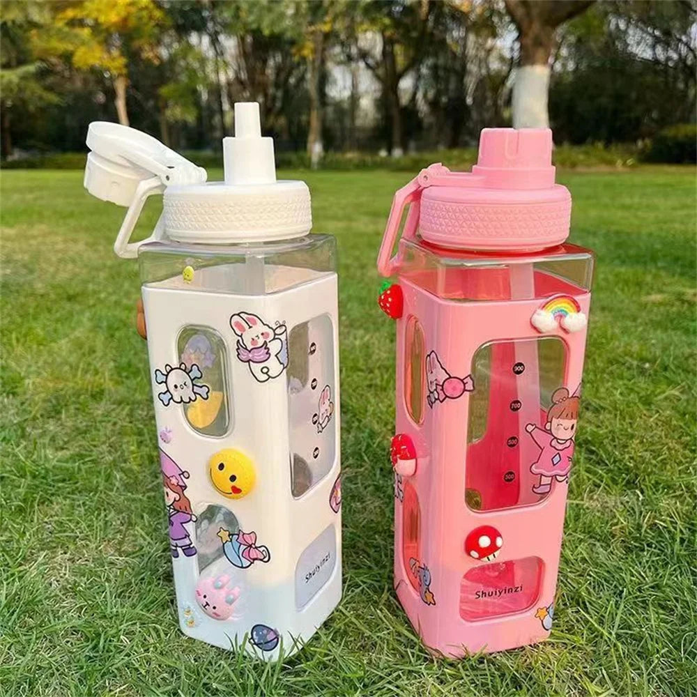 Bouteille d'eau Kawaii avec paille, autocollant 3D en forme d'ours mignon