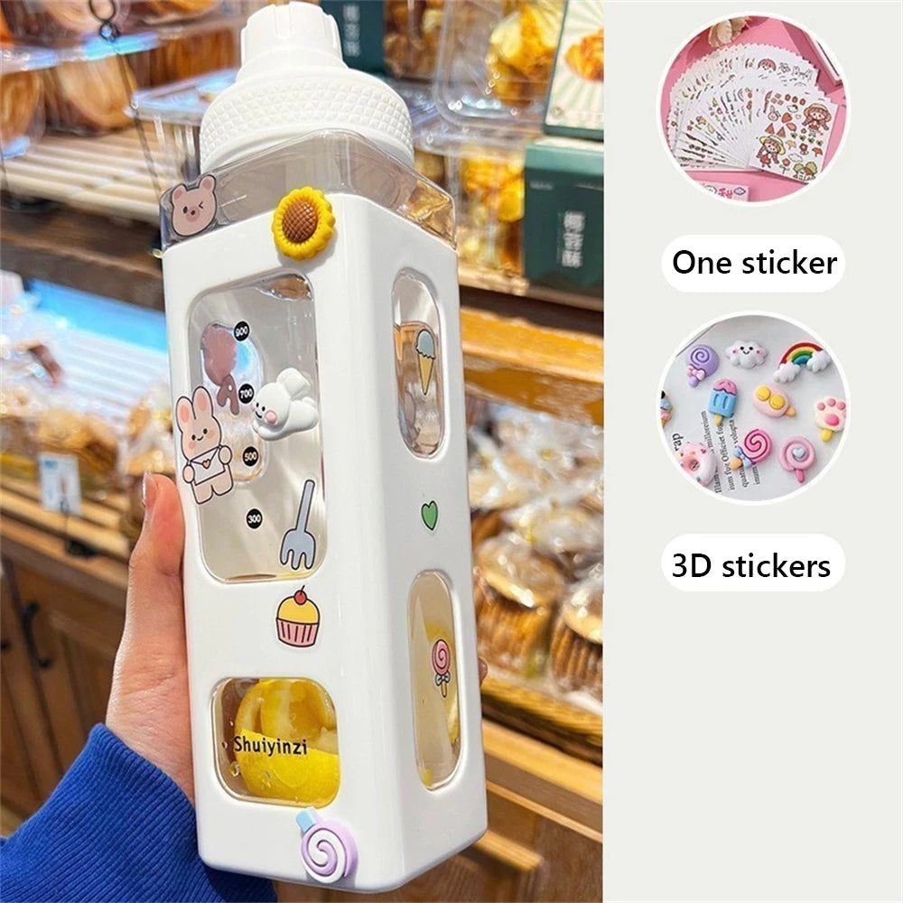 Kawaii Water Bottle with Straw, Cute Bear Shape 3D Sticker