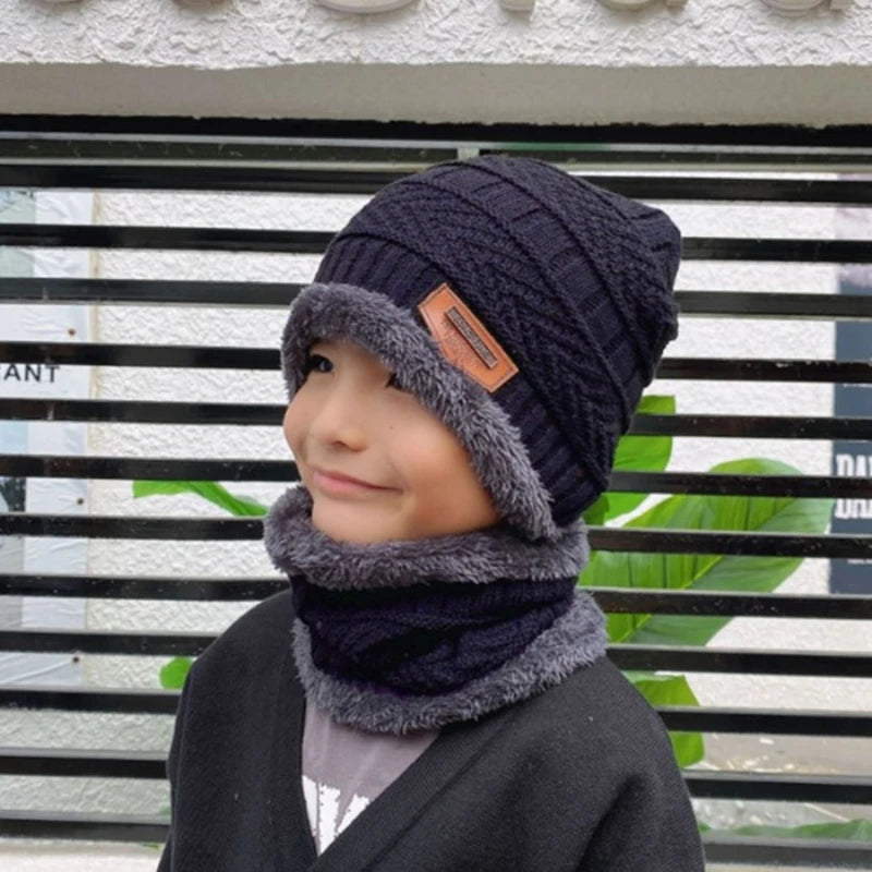 bonnet tricoté d'hiver pour enfants, écharpe chaude en velours